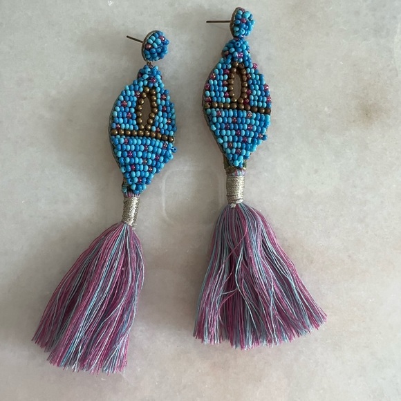 Tassel Drop Earrings Anthropologie Boho Bohemian Blue Gold Purple Beaded Earring - Picture 3 of 4
